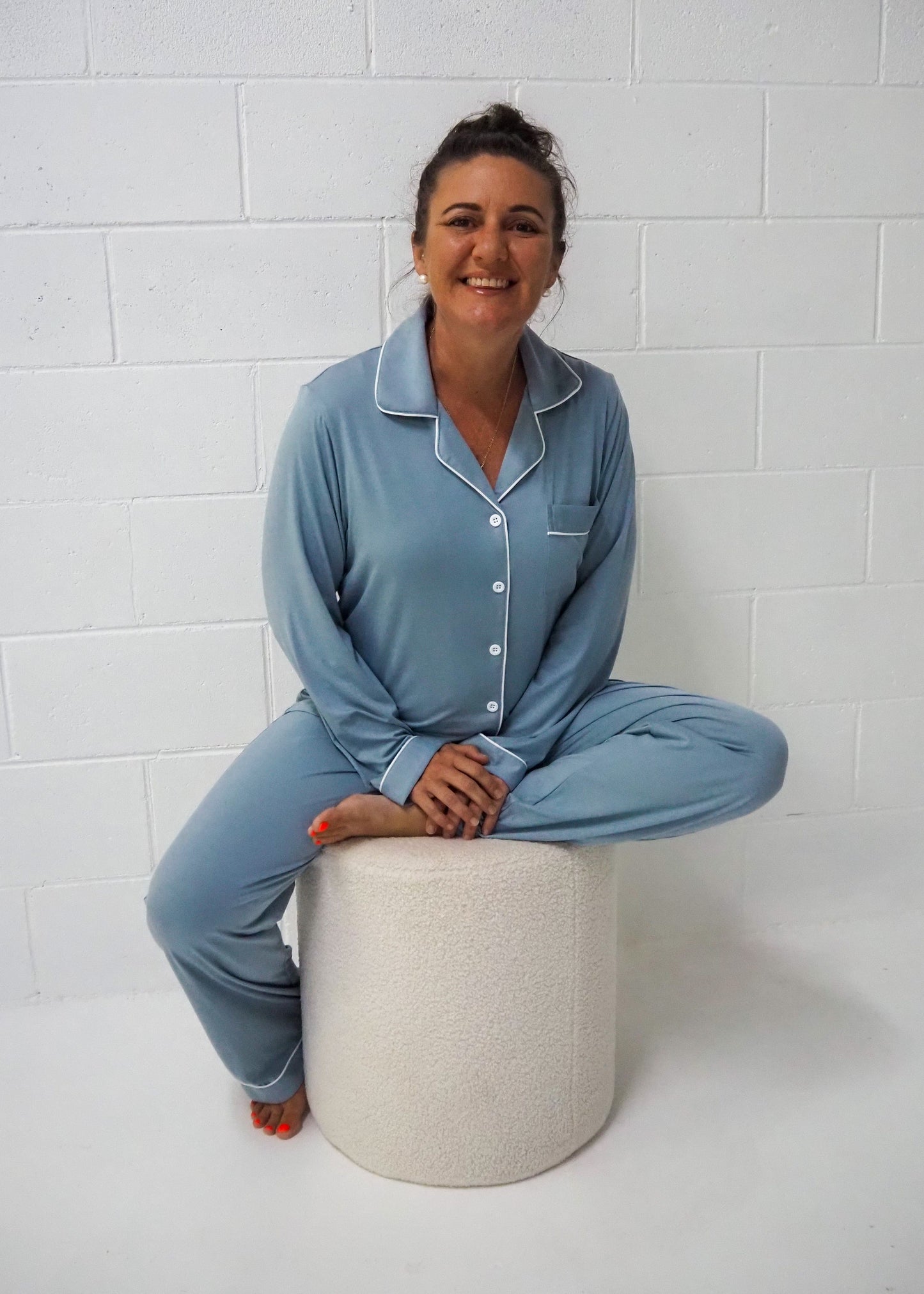 Maisie Storm Blue Bamboo Pyjamas – button-up long sleeve top with full-length pants
