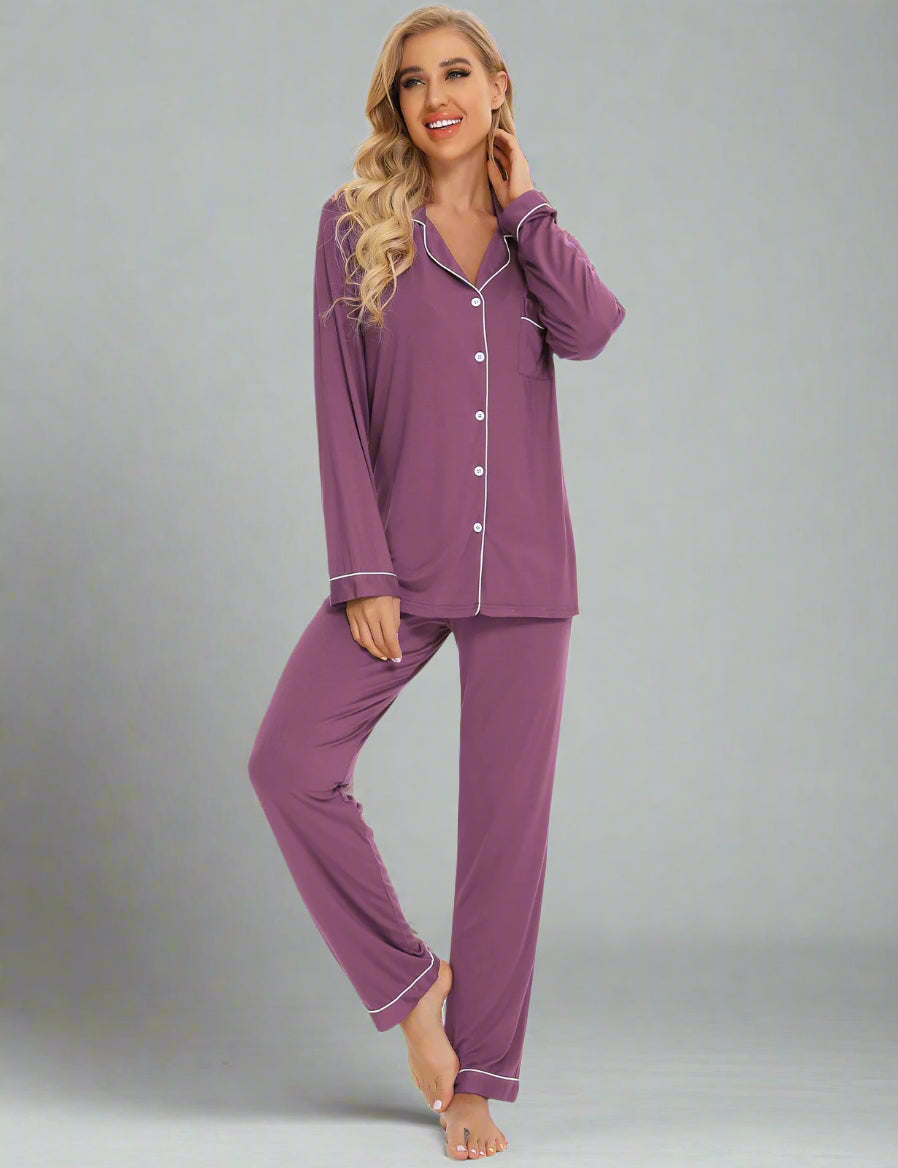 Purple Long Sleeve Buttoned Bamboo PJ's Set - Yolanda