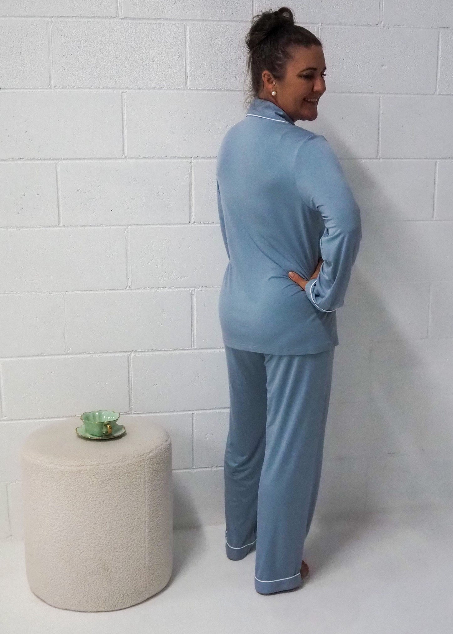 Close-up of Maisie Storm Blue Long Sleeve Bamboo PJs – eco-friendly breathable women’s pyjamas