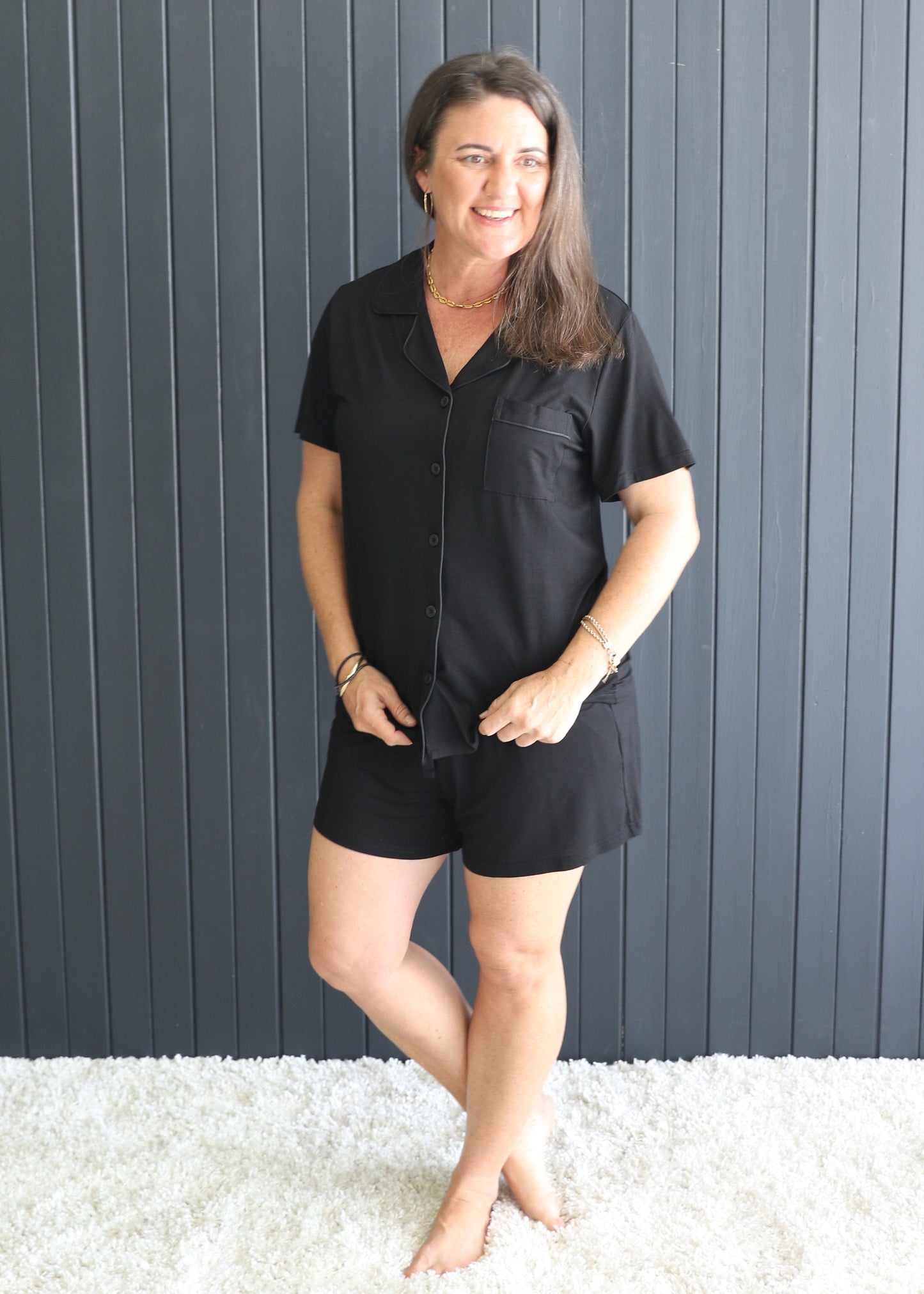 Back view of Phebe black bamboo PJ set – breathable short sleeve + shorts