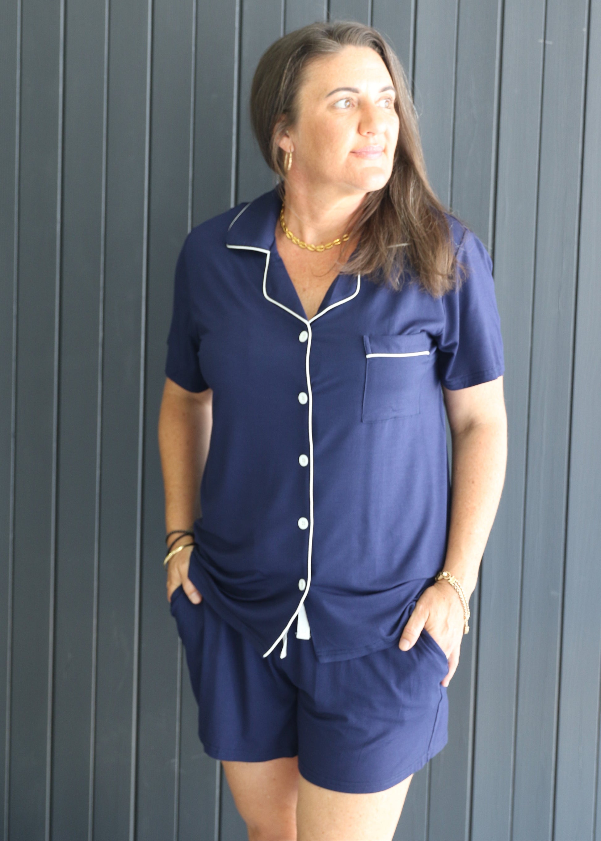 navy bamboo short sleeve pajama set – button-up top with drawstring shorts, cooling sleepwear with pockets