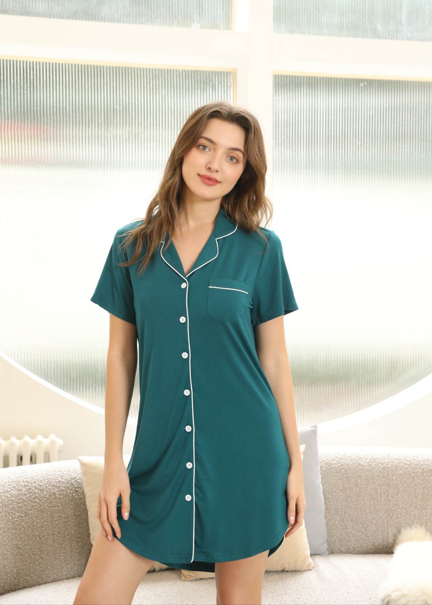 Bamboo Sleeps Esme short sleeve green bamboo nightie – soft, breathable women’s sleepwear front view