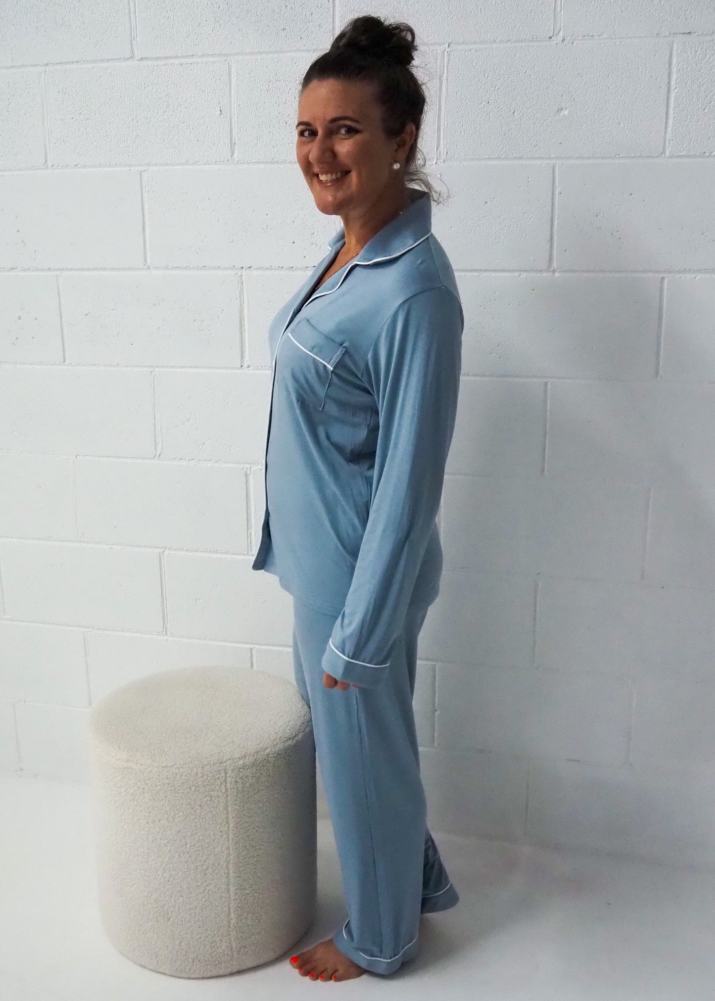 Back view of Maisie Storm Blue Bamboo Sleepwear – women’s long sleeve & pants pyjama set