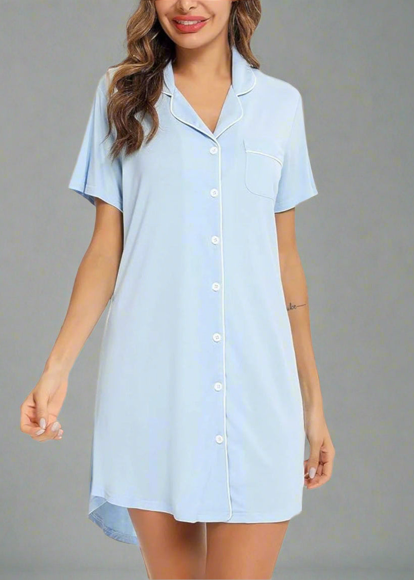 Short Sleeve Nightie - Baby Blue/White Piping