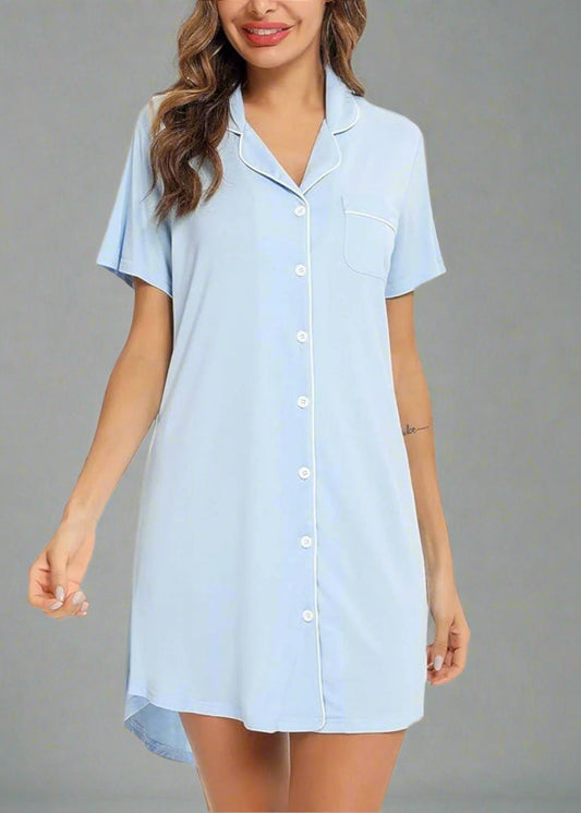 Short Sleeve Nightie - Baby Blue/White Piping