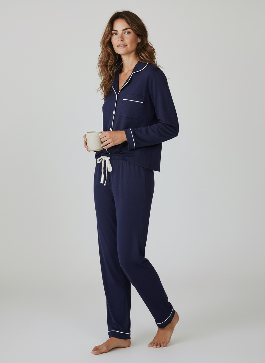 Navy Long Sleeve Buttoned Bamboo PJ’s Set – Sara