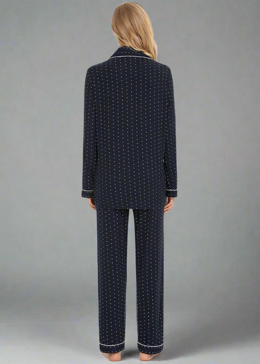 FINAL SALE : Long Sleeve Buttoned Bamboo PJ's Set - Navy/Dots (XL/2XL)