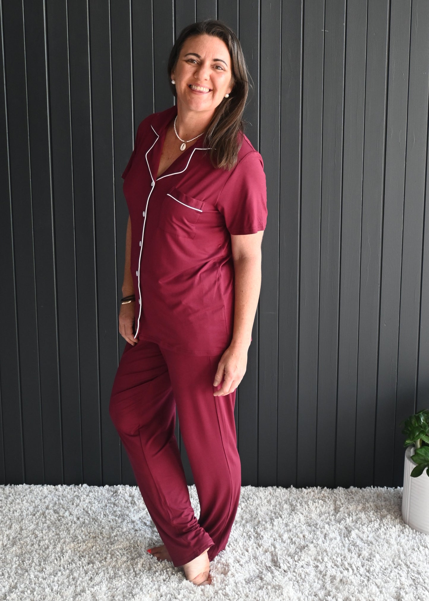 Cozy burgundy bamboo PJ set with button-up top and full-length pants
