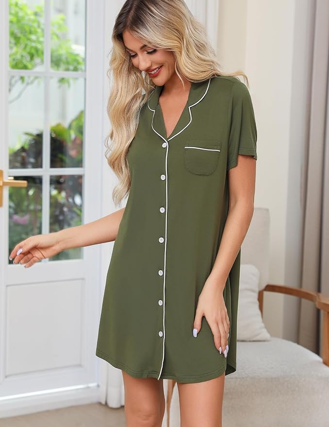 Model wearing Short Sleeve Bamboo Nightie in Olive, front view with white piping.
