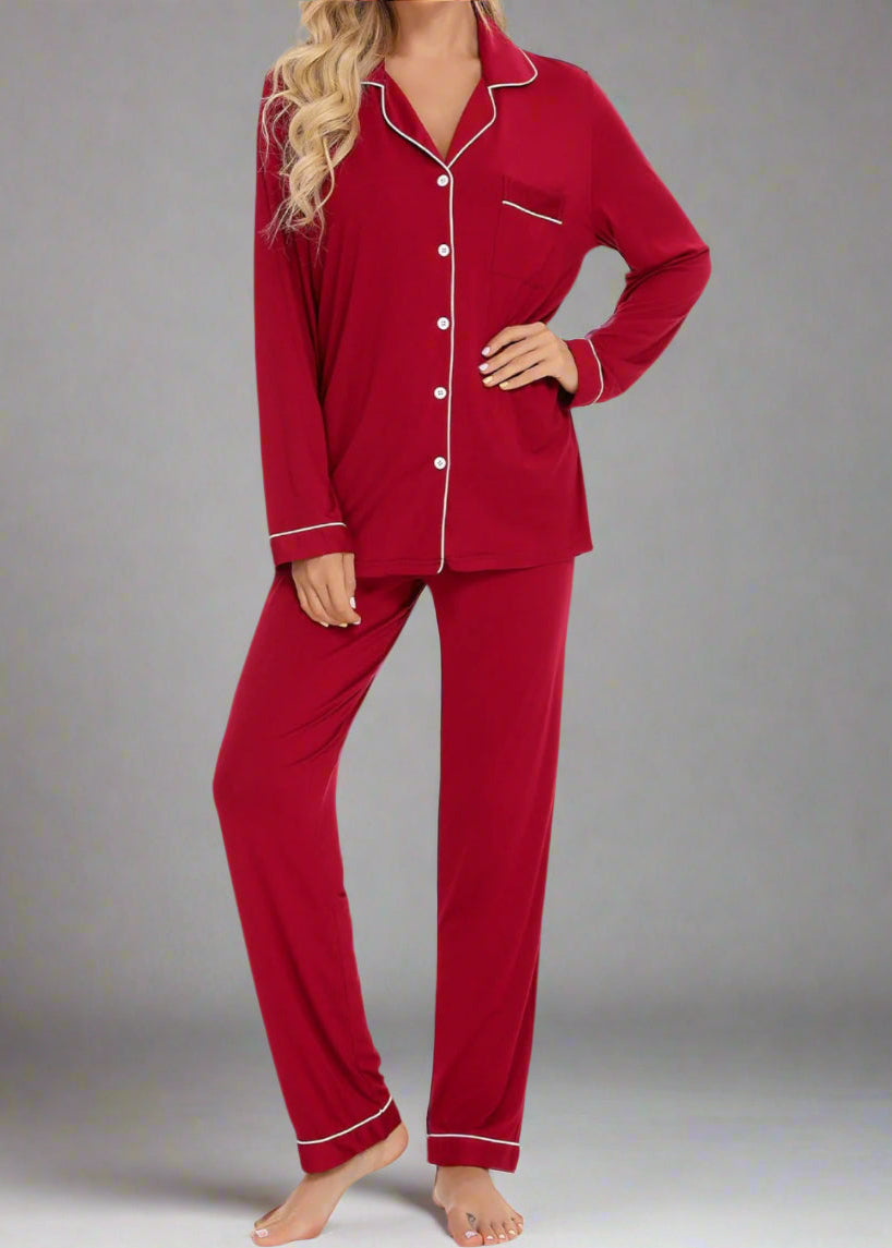 FINAL RESTOCK : Long Sleeve Buttoned Bamboo PJ's Set - Red