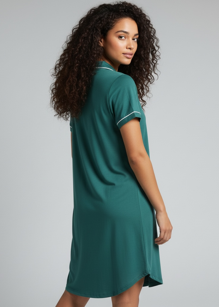 Dark Green Short Sleeve Bamboo Button-Up Nightie โ Esme