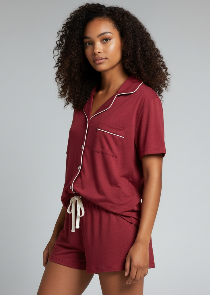 Burgandy Short Sleeve Short Pyjama Set : Juliette