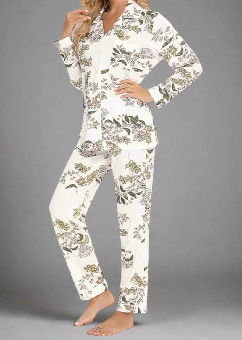 Long Sleeve Buttoned Bamboo PJ's Set - MAPLE FLOWER