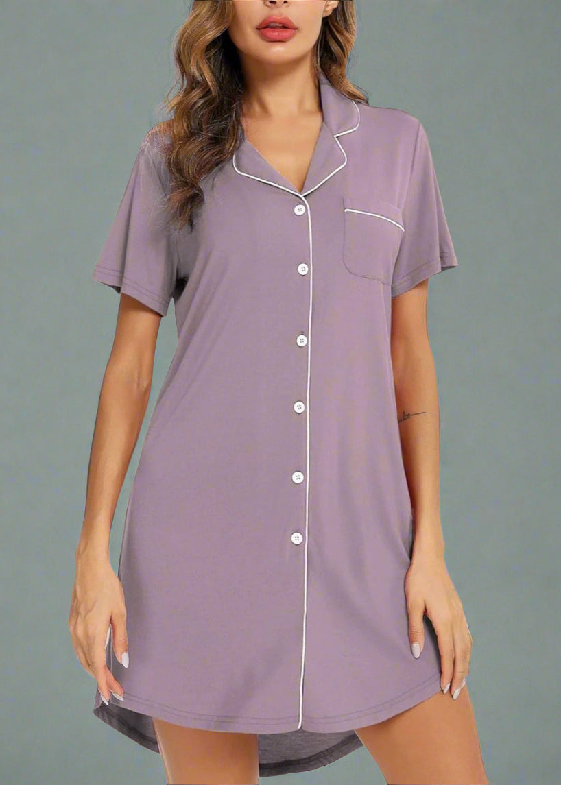Lavender Short Sleeve Bamboo Nightie with button-down design