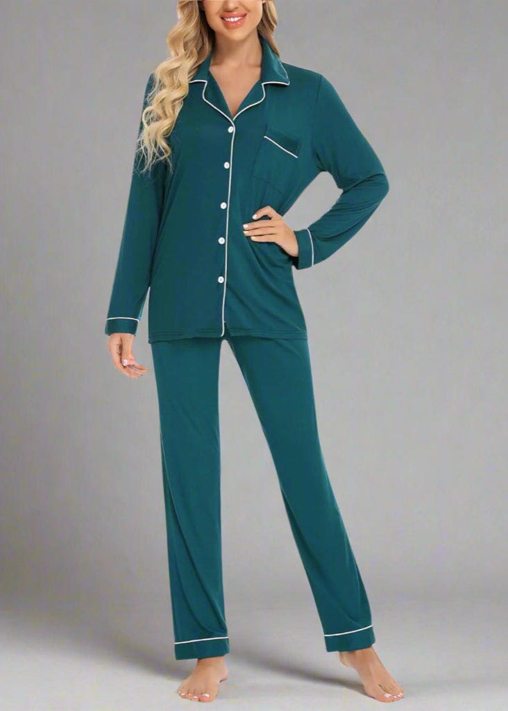 FINAL SALE : Long Sleeve Buttoned Bamboo PJ's Set - Esme Green