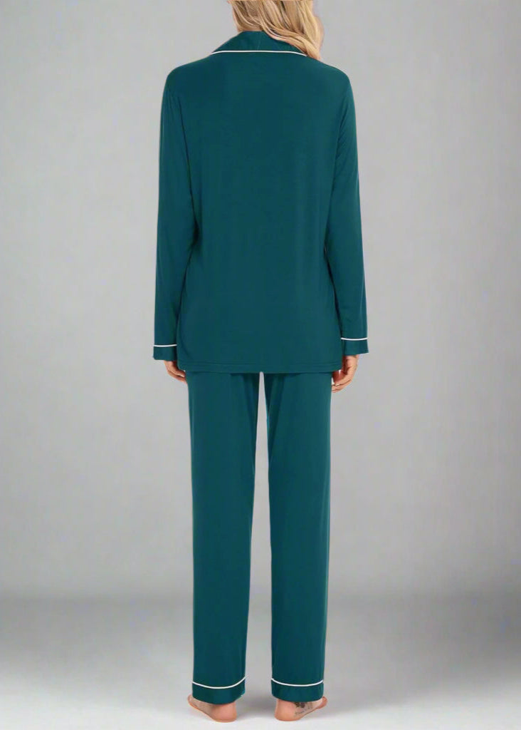 Long Sleeve Buttoned Bamboo PJ's Set - Esme Green