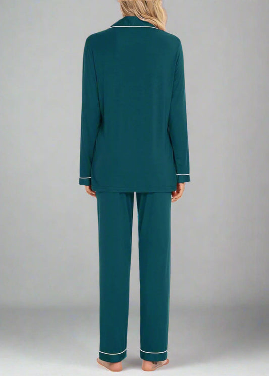 FINAL SALE : Long Sleeve Buttoned Bamboo PJ's Set - Esme Green