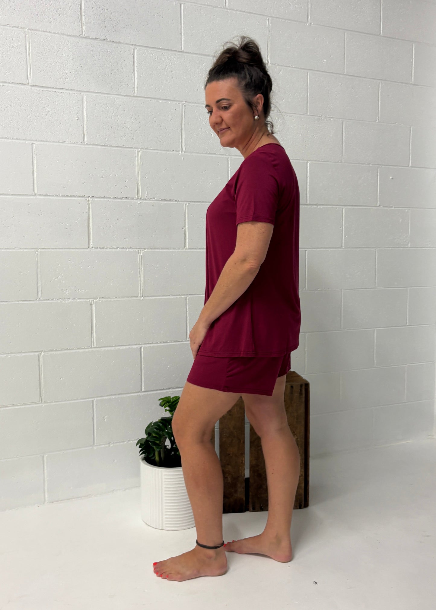 Back view of Mila red bamboo lounge set – short sleeve tee and shorts