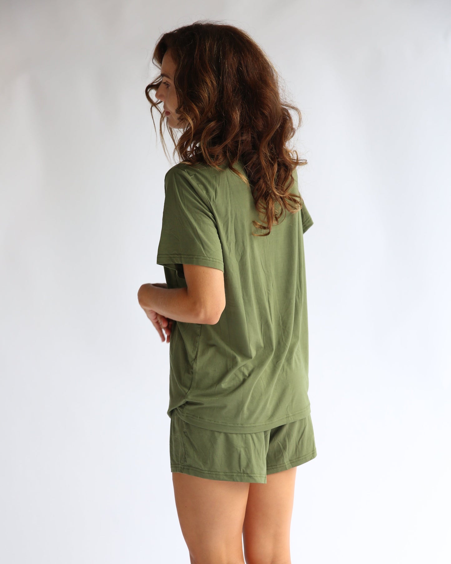 army green bamboo short sleeve women’s PJ set with button-up top and drawstring shorts – cooling sleepwear for hot sleepers