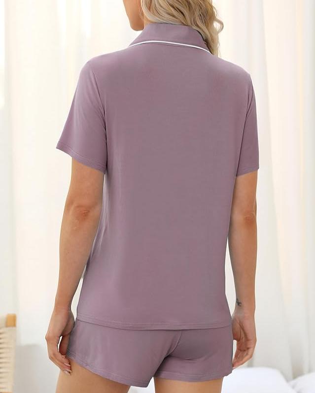 Side profile of woman in lavender bamboo short PJ set with button-up top and relaxed fit shorts.