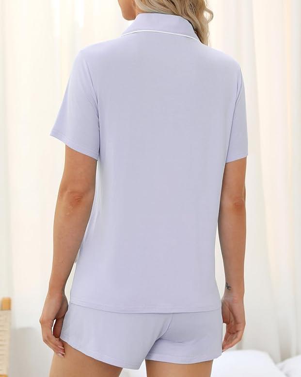 Close-up of Emma PJ set showing button-up detail in lilac bamboo fabric.