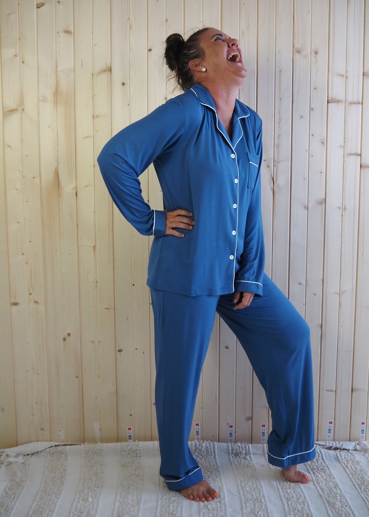 Dee : Long Sleeve Buttoned Bamboo PJ's Set Blue