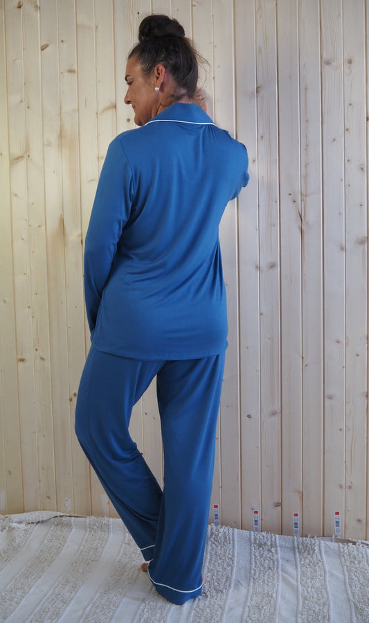 Dee : Long Sleeve Buttoned Bamboo PJ's Set Blue