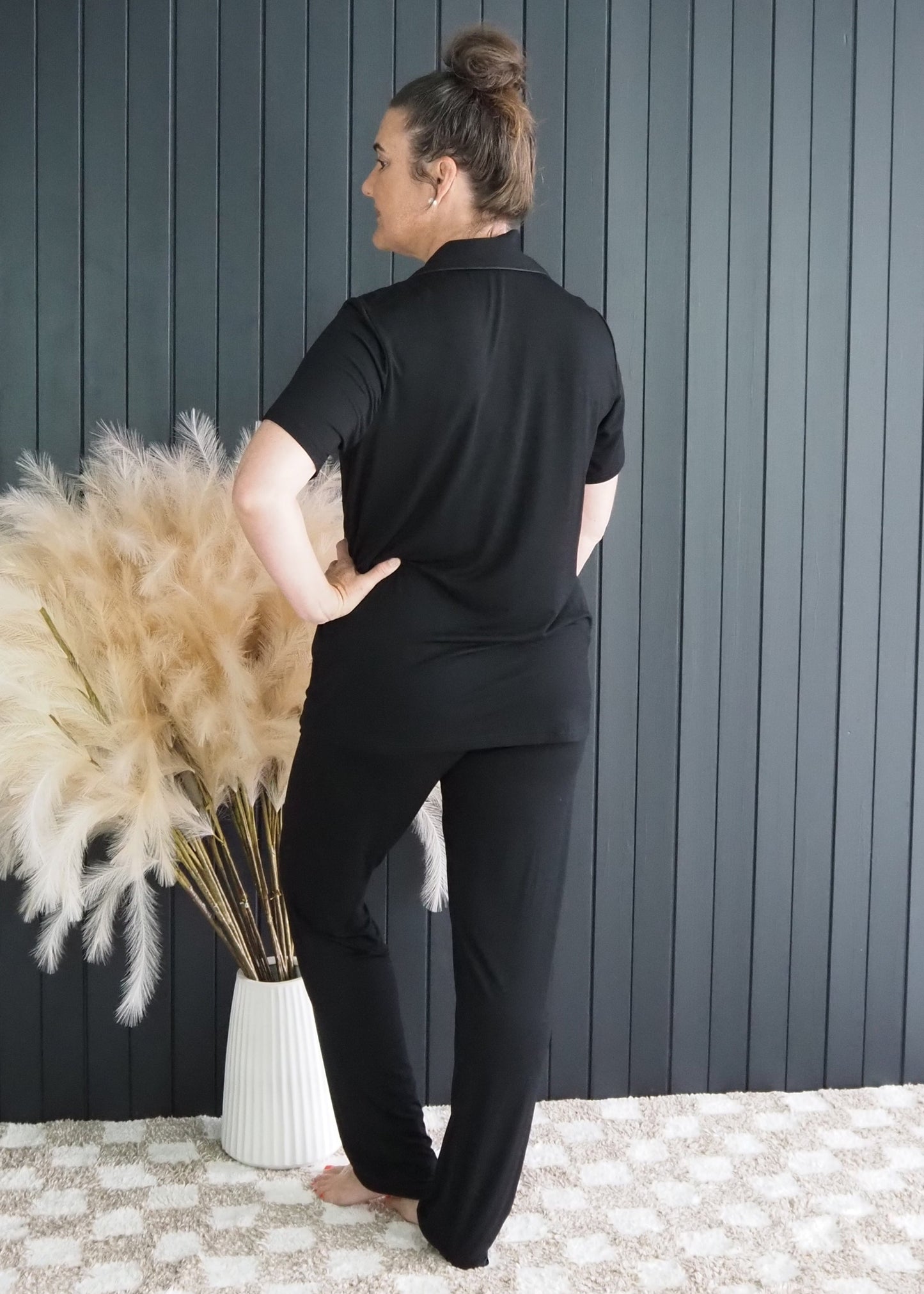 Black short sleeve and long pant PJ set in breathable bamboo fabric