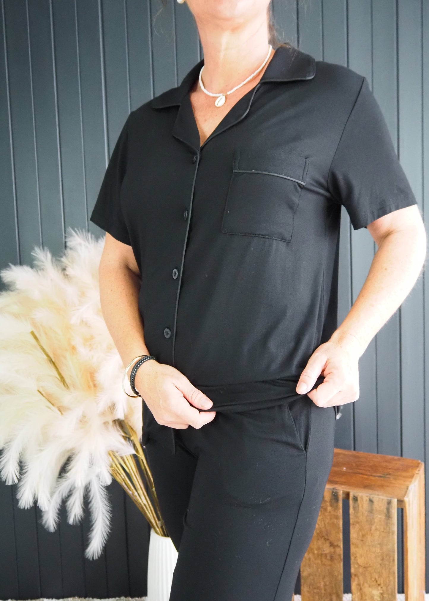 Comfortable black bamboo pyjamas with button-up top and drawstring pants