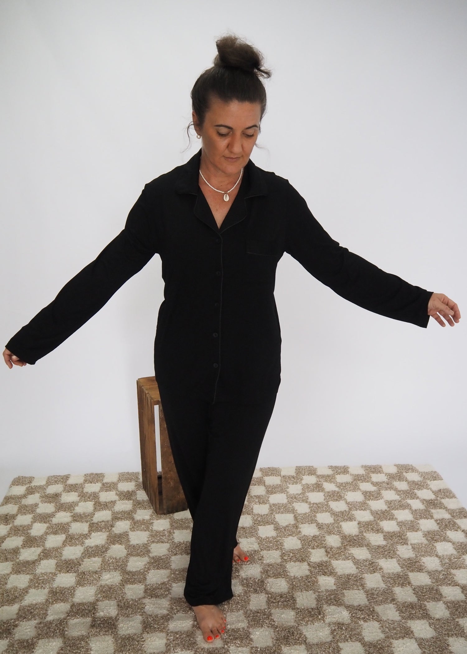 long sleeve bamboo women’s PJ set with button-up top and full-length pants – soft breathable sleepwear for hot sleepers