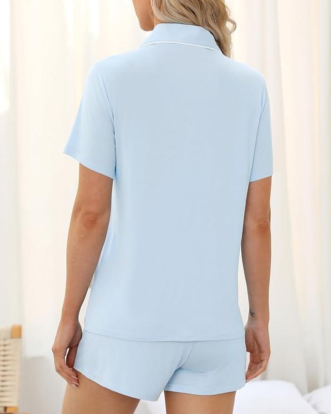 Blue short sleeve bamboo pyjamas with pockets – Evie by Bamboo Sleeps