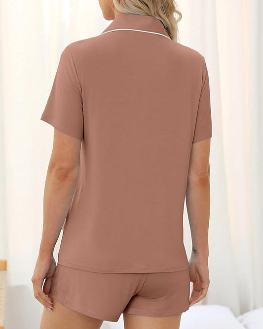 Cinnamon bamboo short pyjama set β side profile showing white piping details