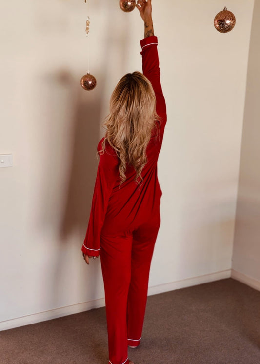2XL : FINAL SALE : Long Sleeve Buttoned Bamboo PJ's Set - Red