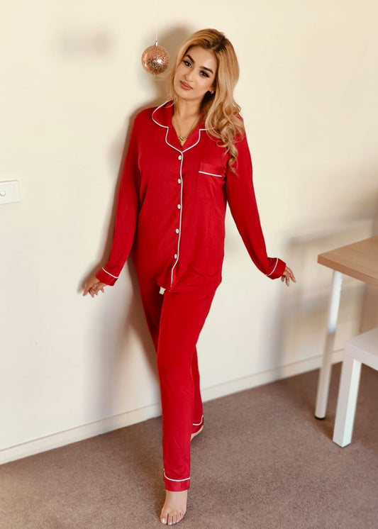 2XL : FINAL SALE : Long Sleeve Buttoned Bamboo PJ's Set - Red