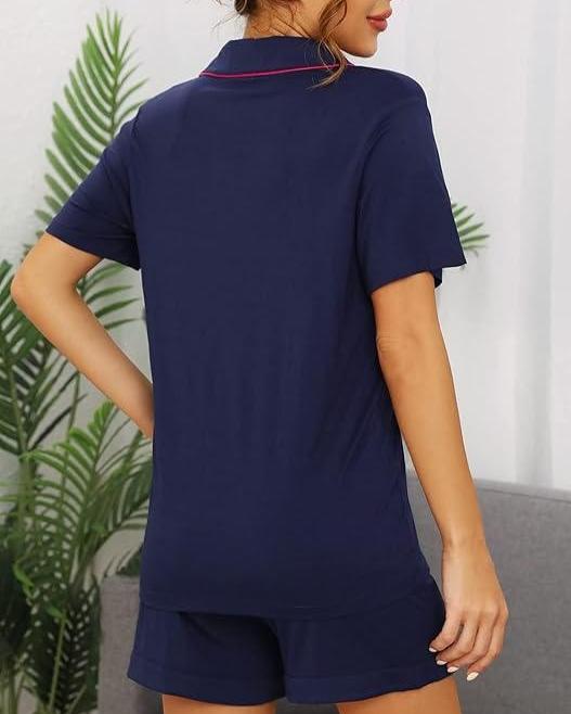 Navy bamboo short PJ set with short sleeves and red piping, styled with drawstring shorts.