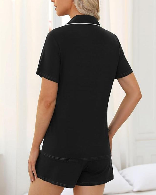 black bamboo short sleeve womenβs PJ set with button-up top and drawstring shorts β cooling sleepwear for hot sleepers