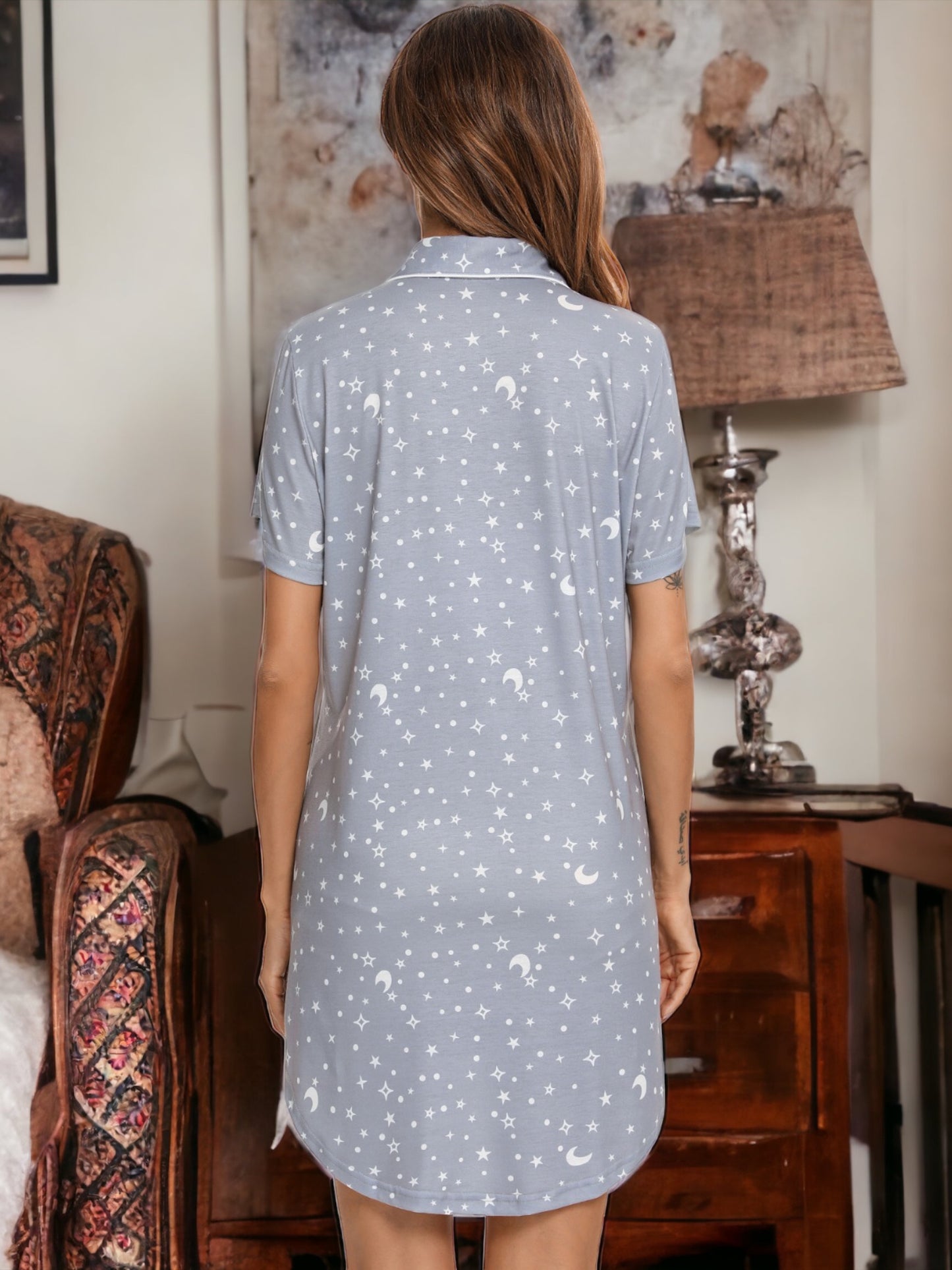 Short Sleeve Nightie - Grey Starry Nights