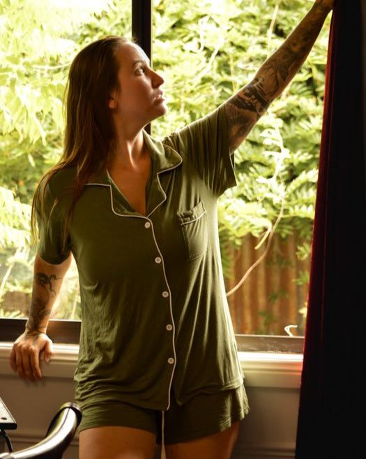 army green bamboo short sleeve women’s PJ set with button-up top and drawstring shorts – cooling sleepwear for hot sleepers