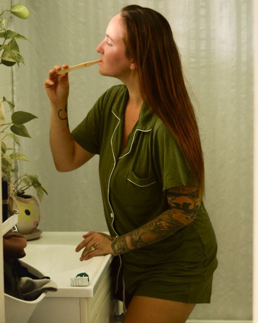 army green bamboo short sleeve women’s PJ set with button-up top and drawstring shorts – cooling sleepwear for hot sleepers