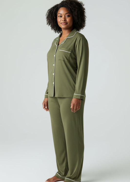 Army Green Long Sleeve Buttoned Bamboo PJ Set – Olive