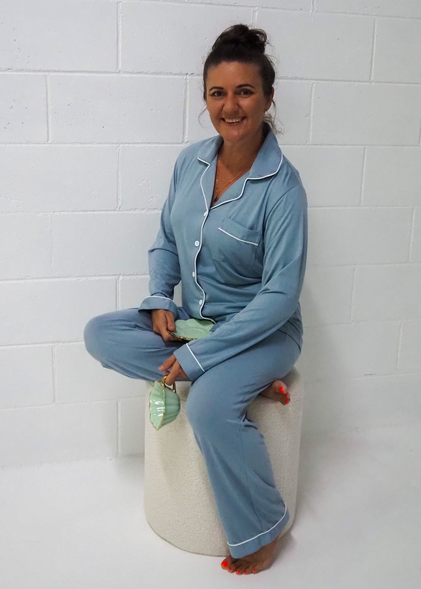 Storm Blue : Long Sleeve Buttoned Bamboo PJ Set - Maisie