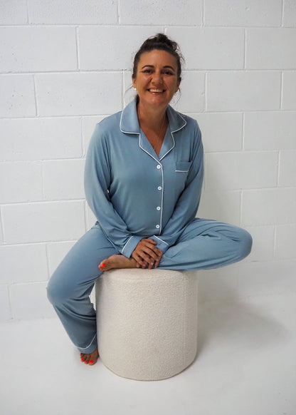 Maisie Storm Blue Bamboo Pyjamas – button-up long sleeve top with full-length pants