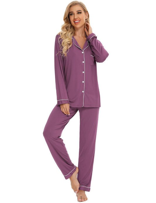 Long Sleeve Buttoned Bamboo PJ's Set - Purple