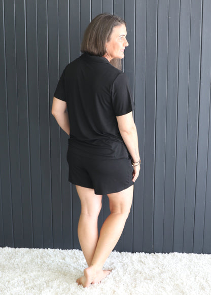 Side view of black bamboo short PJ set – lightweight women’s sleepwear