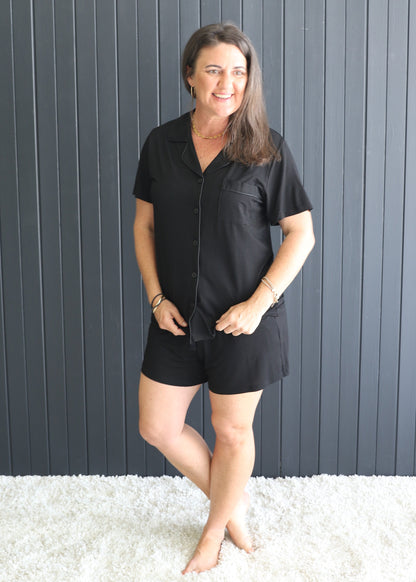 Back view of Phebe black bamboo PJ set – breathable short sleeve + shorts