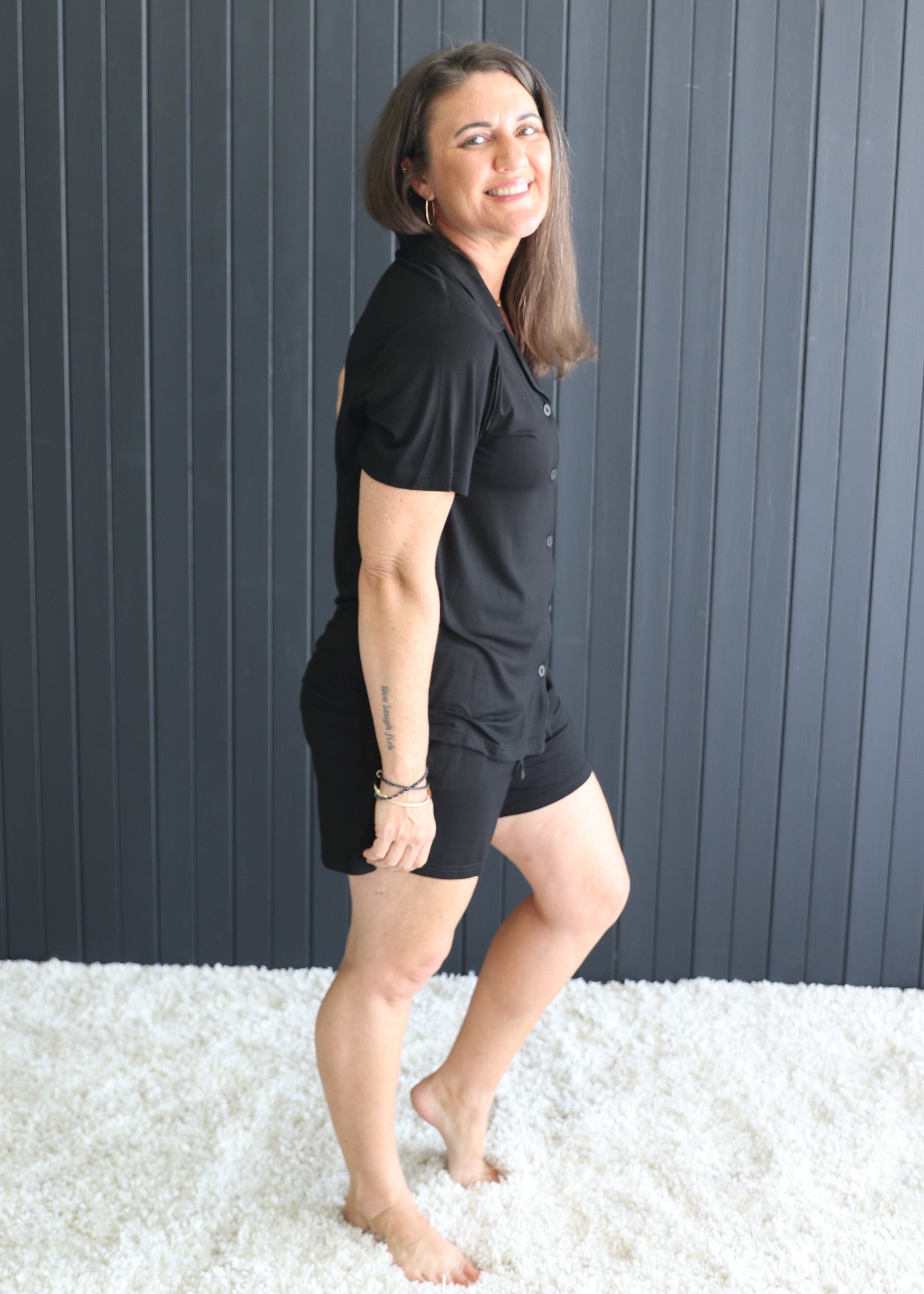 Close-up of drawstring shorts with pockets – black bamboo pyjama set