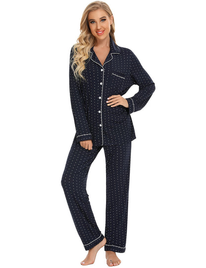 FINAL RESTOCK : Long Sleeve Buttoned Bamboo PJ's Set - Navy/Dots