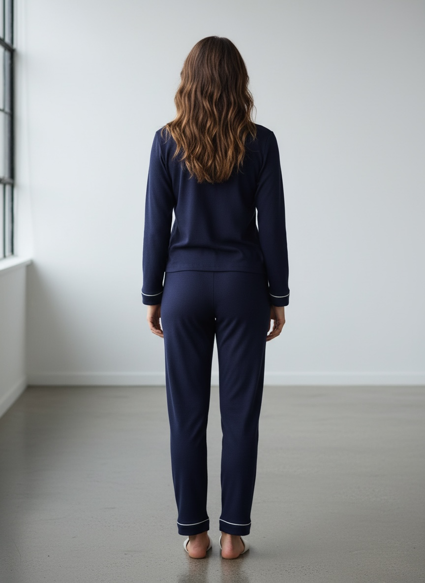 Navy Long Sleeve Buttoned Bamboo PJ’s Set – Sara