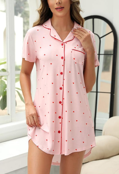 Short Sleeve Nightie - Raylene : Pink w/Red Hearts