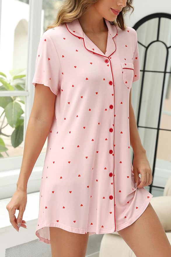 Short Sleeve Nightie - Raylene : Pink w/Red Hearts